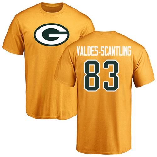 Men Green Bay Packers Gold #83 Valdes-Scantling Marquez Name And Number Logo Nike NFL T Shirt->nfl t-shirts->Sports Accessory